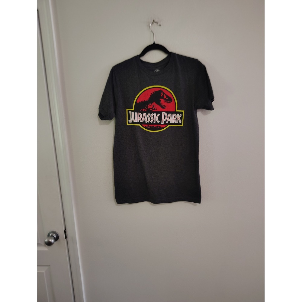 Jurassic Park Mens Graphic T-Shirt Charcoal Heather Gray Logo Tee Medium